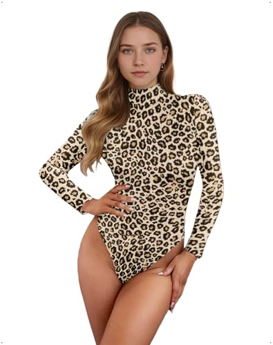 EMOTTOS Body Sexy da Donna con Stampa Leopardata, Tuta da Donna Slim Fit con Colletto e Maniche Lunghe a Doppio Strato, Canotta Snellente Monopezzo per Uscire, Taglie L