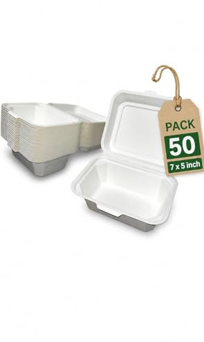 50 Pack 7 x 5 Biodegradable Sugarcane Clamshell Takeaway Boxes 7x5 Inch (21oz / 600ml) | Pack of 50 | Eco-Friendly Disposable Food Containers, Compostable Bagasse, White HP9