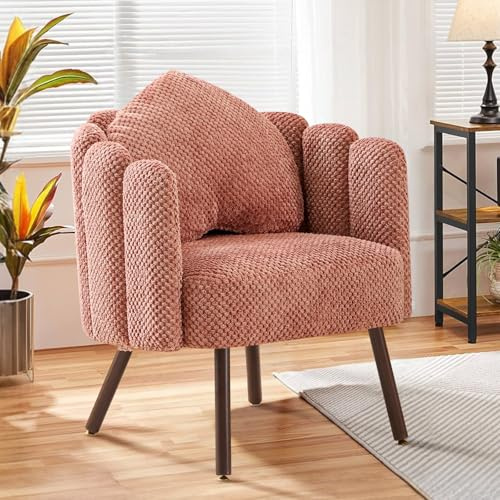 Ckaff Sessel Wohnzimmer mit Kissen, Gepolsterter Muschel Sessel mit Blütenblatt-Rückenlehne aus Bouclé, Schminktisch Stuhl Loungesessel mit Holzbeine fürs Wohnzimmer Schlafzimmer (Rosa, 1 Stück)