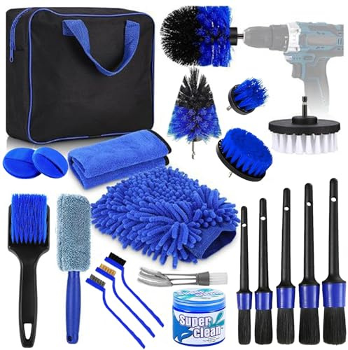 Vurlexat 22pcs Car Cleaning Kit, Car Detailing Kit with Ultra-Soft Car Detailing Brushes, Car Washing Kit with Microfibre Cleaning Cloth, Alloy Wheel Brush, Drill Brushes Set and Storage Bag