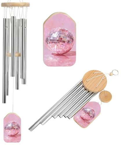 Preppy Disco Ball on Pink Wind Chimes Memorial Deep Tone Windchime with 6 Aluminum Tubes Outdoor Backyard Garden Decoration