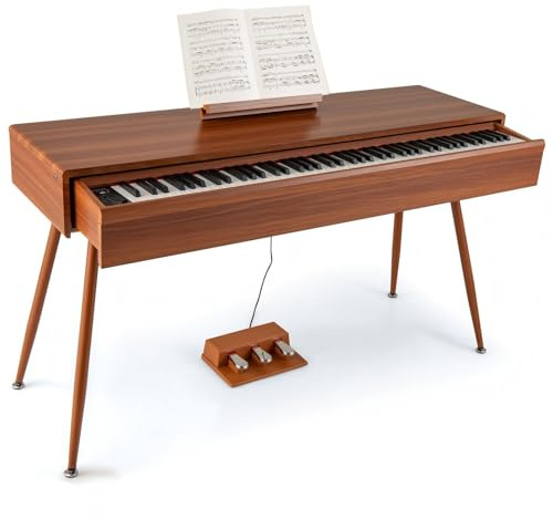 KOMFOTTEU Digitales Piano mit 88 Tasten, elektronische Klaviere mit 800 Sounds & 600 Rhythmen, schwere Tasten, E-Piano mit Notenständer & 3 Pedalen, Doppeltastenmodus, Braun
