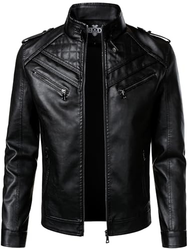 HOOD CREW Men’s Faux Leather Jackets Vintage Biker Motorcycle Jacket for Men Black L