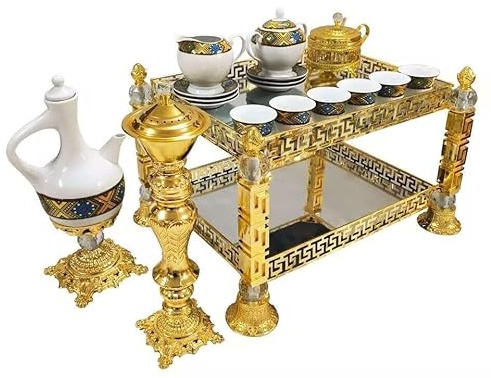 Traditional Ethiopian Eritrean Arab Metal Coffee Table Set, Gold-Tone Decorative Rekebot, Rectangular Shape, 4 Pieces