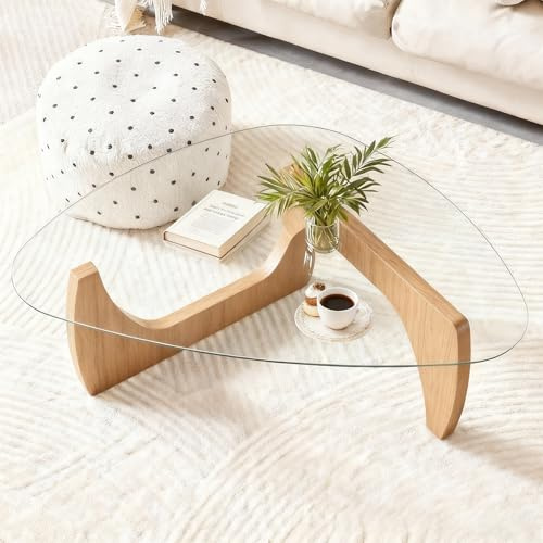 Genérico Pequeña Mesa de Centro Madera con Patas de Madera Maciza en Tono Natural y Cristal -Mesita Salon para Decorar Espacios Reducidos con Estilo Nórdico