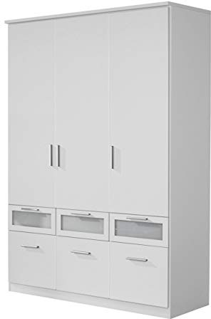 Rauch Möbel Bochum, Kleiderschrank, Farbe Weiß/Milchglas, Breite 136 cm | Schrank, 3-türig, 6 Schubladen mit Milchglasfront, für Schlafzimmer, Kinderzimmer, Homeoffice, Gästezimmer, Garderobe, Flur