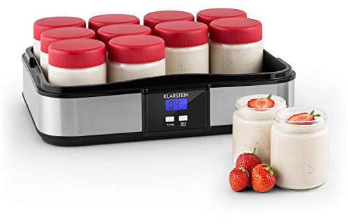 Klarstein Gaia - Yogurtera 12 vasos, maquina para hacer yogur casero, 2,5L volumen, 12 frascos individuales de 210ml, cierre rosca, pantalla LCD retroiluminada, acero inoxidable, negro