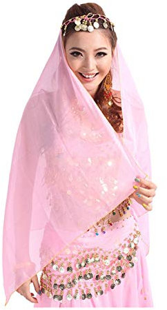 Best Dance Damen-Stirnband für Bauchtanz mit Gesichtsschleier, Kopfbedeckung aus Chiffon mit Münzen, Pink