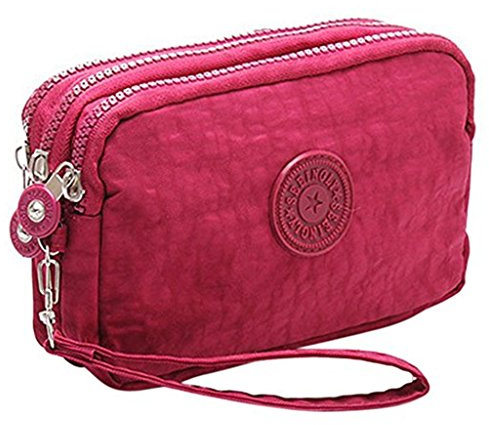 Btoon 3 Layer Zipper Nylon Wallets for Women Wristlet Bag Purse Waterproof Cell Phone Pouch Handbag (Wine Red)