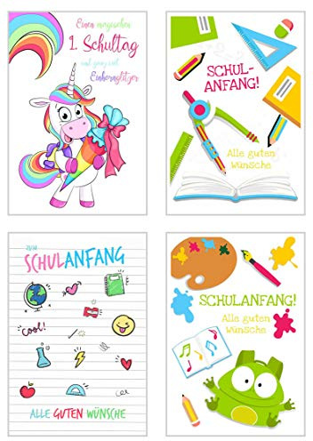 Edition Seidel Set 4 exklusive Karten zur Einschulung mit Umschlag. Glückwunschkarte Grusskarte Einschulungskarte Doppelkarte Schulanfang Schuleinführung Schulstart 1. Klasse