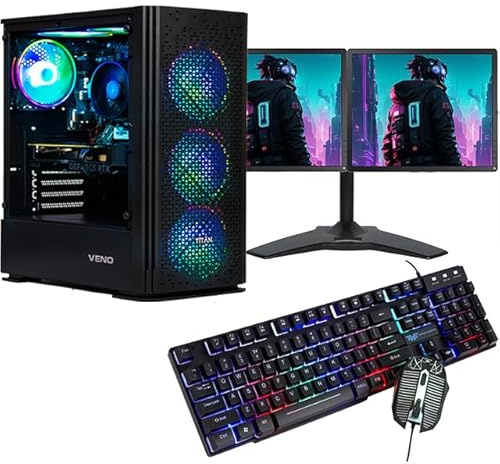 Veno Scorp ARGB Gaming PC i5, 240GB SSD, 500GB HDD, 8GB RAM, Dual 19” Monitors, Win 11, Wifi Vortex (Renewed)