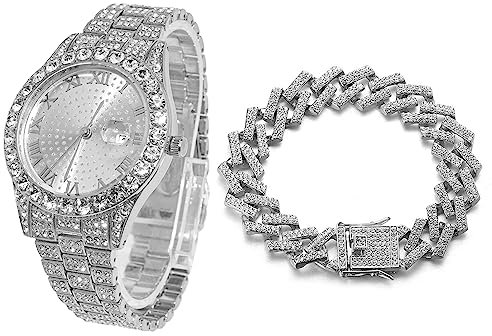 Halukakah Rundes Zifferblatt Diamant Golduhr Iced Out, Männer Platin Weißgold Plattiert Quarz Armband 24cm, mit Kubanische-Kette Armband 20cm, mit Geschenkbox