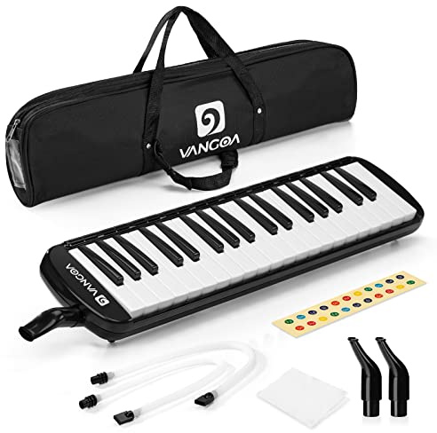 Vangoa 37 Key Melodica Musical Instrument Soprano Melodica Air Piano Keyboard with Carrying Bag, 2 Mouthpieces, Wipe Cloth, Key Stickers, Black