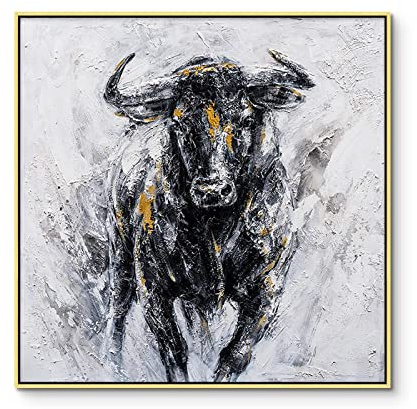 Jianghu Art Rinder-Wandkunstbilder – Abstraktes Stier-Stierkampf-Ölgemälde, bedruckte Leinwand, Goldrahmen, Poster und Drucke für Raumdekoration, 80 x 80 cm (31 x 31 Zoll) mit Rahmen