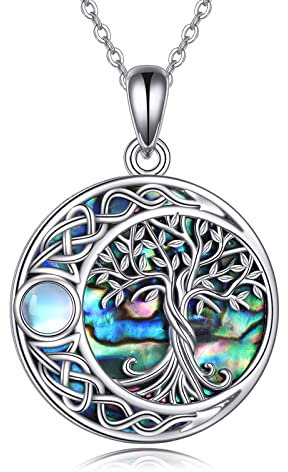 YAFEINI Tree of Life Necklace S925 Sterling Silver Moonstone Abalone Tree of Life Necklace Celtic Family Tree Jewelry Gifts for Women