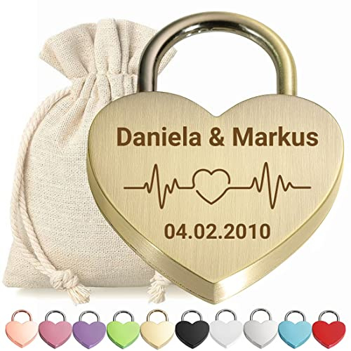 Cadenas d'amour en forme de cœur avec inscription en bronze gravé – Motif fréquence cardiaque – Personnalisé – Sac en tissu blanc – Idée cadeau pour la Saint-Valentin – Cadeau de couple – Personnalisé