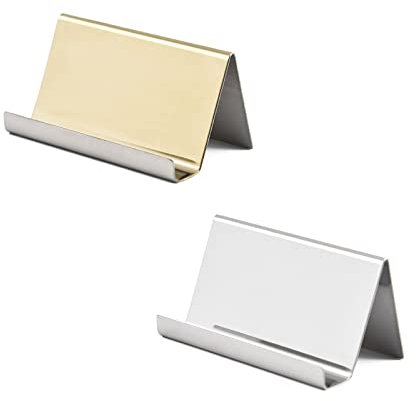 2 x Visitenkartenhalter aus Edelstahl, Namenskartenständer, Schreibtisch-Visitenkartenhalter, Büro-Kartenständer für Schreibtisch, Arbeitsplatten - Silber + Gold