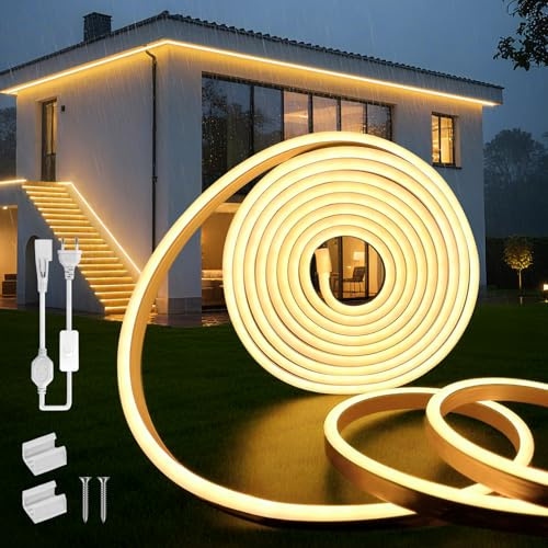 SUCIKORIO Neon LED Streifen 5m, 230V Wasserdicht IP65 Led Strip Warmweiss 3000K Leds Lichterkette Außen 120 LED/M Flexibler DIY Lichtband Aussenbereich mit Netzteil für Haus, Party, Küche | Warmweiß, 3000 K, Neon-Licht, zuschneidbar, LED-Streifen mit Netzteil für Küche, Schlafzimmer, Pergola, Bioklimatik