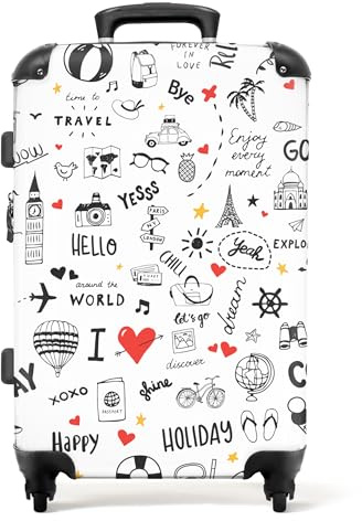 NoBoringSuitcases.com® Large Suitcase for Women and Men - Medium Luggage with Wheels - Travel Pattern - White - Lightweight Suitcase - Hard Shell Trolley - 26-28 Inch - 23kg
