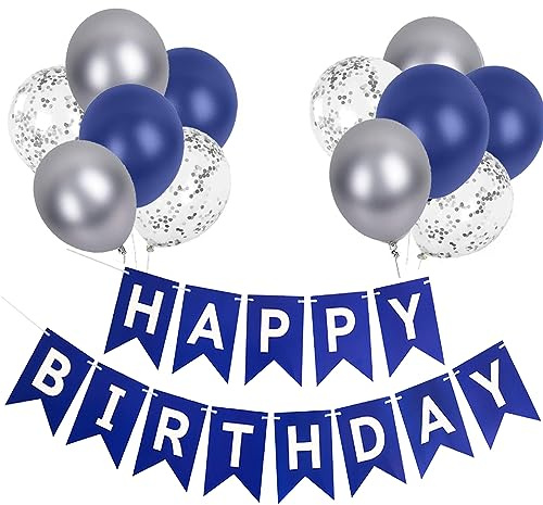 Luftballons Geburtstag Dekoration Set, Marineblau und Silber Geburtstagsdeko Happy Birthday deko Banner Party Deko Geburtstag Set mit Marineblau und Silber Luftballons Konfetti Ballons（Marineblau）