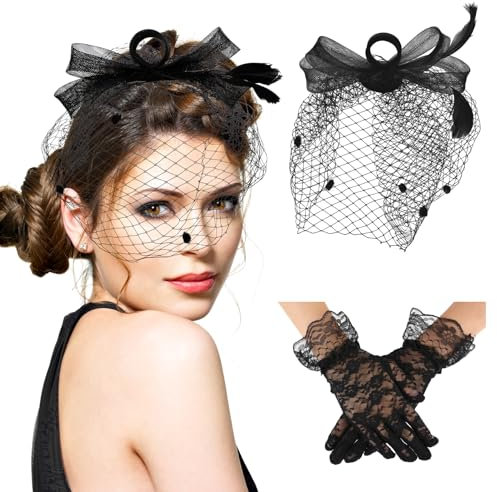 Sibba Fascinators für Frauen 1920er Jahre Teeparty Hut und kurze Spitze Handschuhe Federn Schleier Mesh Stirnband Floral Spitze Handschuhe Schwarz Einheitsgröße