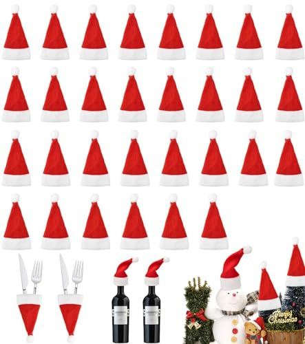 Octonyluck Mini Weihnachtsmütze, 30 Stück Weihnachtsmann Mütze für Besteck Tasse Flasche, Kleine Weihnachtsmützen Bestecktaschen Weihnachten, Nikolausmütze Klein DIY Xmas Home Party Tischdekoration