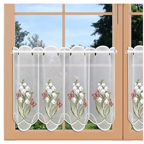 Frühlings-Scheibenhänger Maiglöckchen Plauener Spitze Kurgardine mit Schmetterlingen für Frühling und Ostern 40 x 112 cm