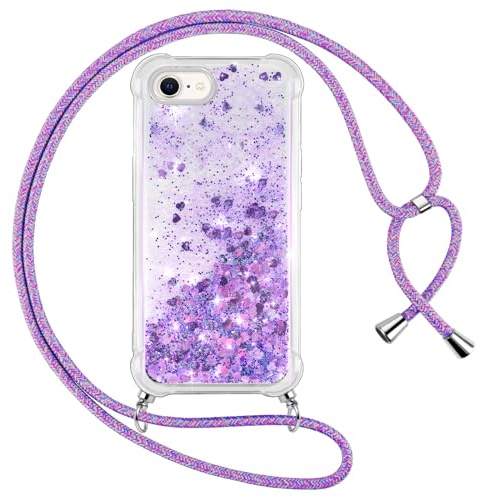 Vauki handyband für iPhone 8/7/iPhone SE 2020/SE 2022 Hülle mit Band, Silikon Durchsichtig Transparent Flüssig Glitzer mit Kette Kordel Treibsand Necklace TPU Schutzhülle Case für iPhone 8, Lila