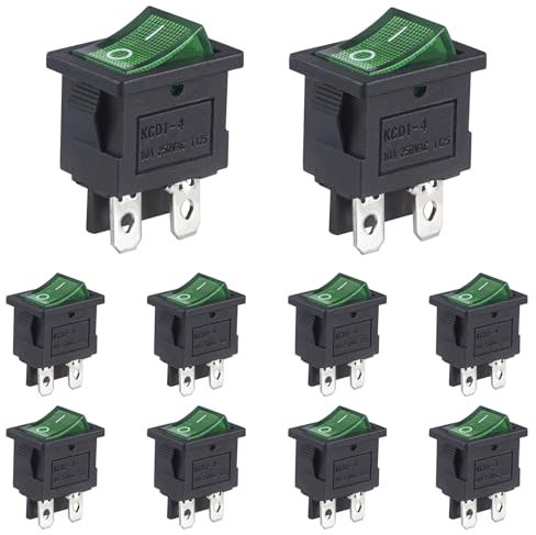 VEXUNGA Kippschalter Ein-Aus Schalter 4 Polig Wippschalter 10A 250VAC Grün Leuchtend Einbauschalter 4 Terminals 2 Positionen Boot Rechteck Switch (10 Stück)