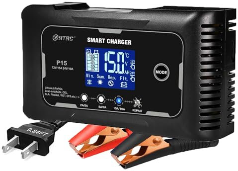 iSunergy Chargeur de batterie de voiture, 15 A, 12 V/15 A et 24 V/10 A plomb-acide (AGM/Gel/SLA), chargeur de batterie au lithium LiFePO4, chargeur portable à cycle profond pour voiture, bateau,