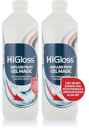 HiGloss Abflussreiniger Profi Gel 2x1 l – Hochkonzentriertes Reinigungsgel zur effektiven Rohrreinigung – Löst hartnäckige Verstopfungen durch Haare, Fett & Seifenreste zuverlässig