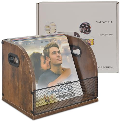 VALOVEALL Vinyl Record Storage Record Crates for Vinyl Record Holder Wooden LP Record Storage Vinyl Crate Holds Up to 50 Record (Retro Color (1 Pack))