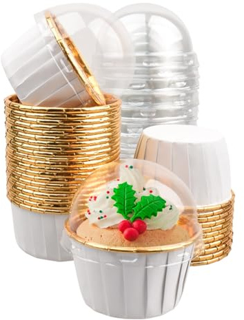 50 Pack Cupcake Cups with Lids, Foil Cupcake Muffin Liners Wrappers, Disposable Muffin Baking Cups Tins, Mini Cake Pans Containers Holder for Wedding Birthday Party (White+Golden)