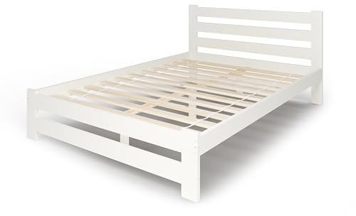 Home Collective Holzbett 160x200 cm mit Lattenrost Modern Bett Bed Kiefer Massiv Bettgestell Doppelbett Massivholzbett Klassisch Komfortabel & Langlebig Skandinavisch Boho Landhaus Kopfteil hoch weiß