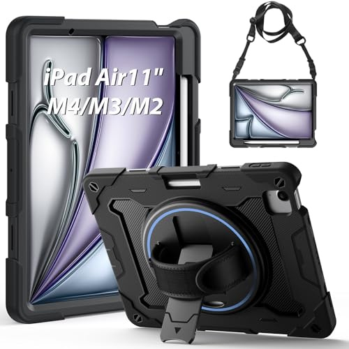 Gerutek Funda Anticaída para iPad Air 11 Pulgadas M3 (2025)/M2 (2024), Estructura de 3 Capas, con Soporte 360° Giratorio, Correa de Mano/Hombro, Portalápices, Funda para iPad Air 7ª/6ª Gen 11, Negro