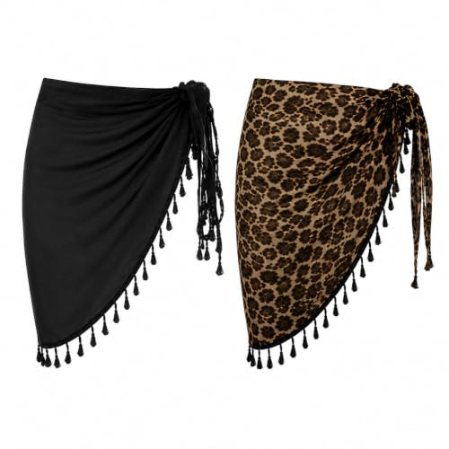 2PCS Women Beachwear Women’s Chiffon Beach Wrap Sarong Wrap Swim Cover-Ups Beachwear Sarong Wrap Swimsuit Wrap Skirts Style with Leopard Print and Black