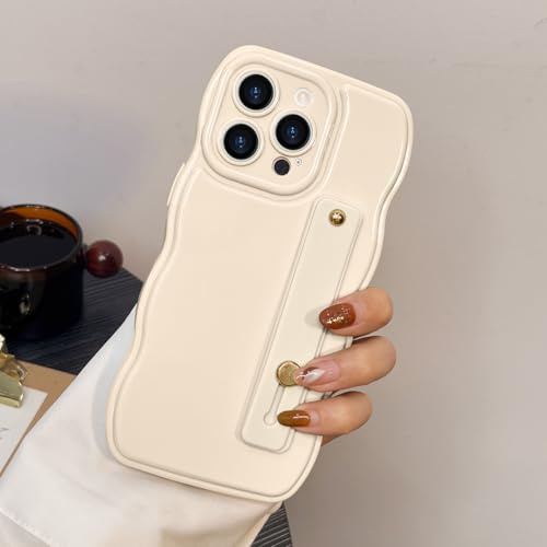 LAPOPNUT for iPhone 15 Pro Case, Wavy Frame Soft Silicone, White | Adjustable Strap Kickstand Finger Holder,Curly Aesthetic Girly Design, Cute Phone Cover for Women Girls, Camera Protection