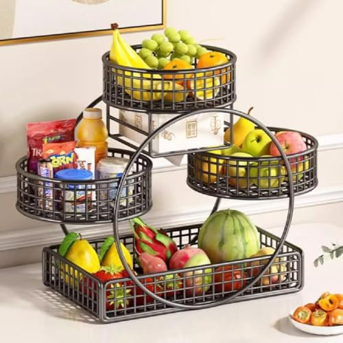 JUNYFFF Fruttiera Cesto di Frutta A 4 Livelli, Ciotola di Frutta in Metallo Carrelli Portafrutta Moderno, Cestino per Frutta A 4 Ripiani, Cestino Portafrutta Decorativo,Nero,A