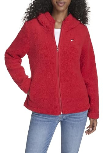 Tommy Hilfiger Women's Zipper Hoodie Sherpa Fuzzy Jacket, Scarlet, L