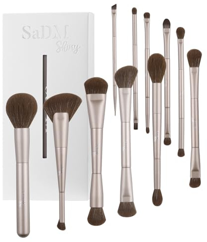 Set de pinceaux maquillage double embout (11 pièces) – Fond de teint, poudre, correcteur, enlumineur, contour, fards à paupières & blush – Pinceaux visage & yeux avec étui