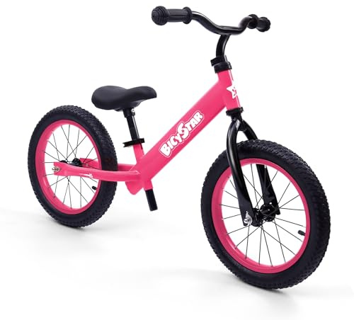 Bicystar 14 Inch Balance Bike for Kids 3-6 Year Old, No Pedals, Air Rubber Tires, Adjustable Height, Pedalless Bicycle for Boys, Girls, Pink