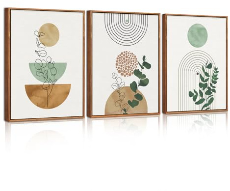 HPNIUB Boho Grün Leinwandbild im Rahmen, abstrakte bohemische Wanddekoration, Mid-Century-Moderne geometrische Wandmalerei, neutrale botanische Kunstdrucke für Wohnzimmer, Schlafzimmer oder Büro