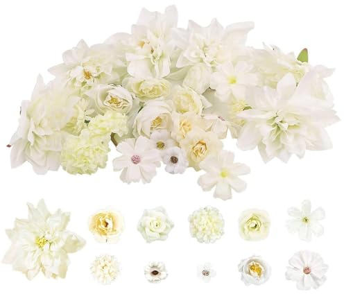 JTgugu 26 Stück Kunstblumen Köpfe 2-10cm Künstliche Blumenköpfe Verschiedene Sorten Blumen Mini Fake Kunstblume Flowers Künstlich Dekoblumen für DIY Hochzeit Party Tortendeko Handwerk Deko, Weiß