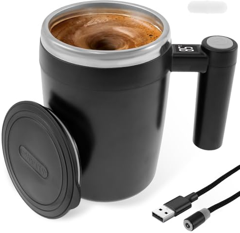 Selbstrührende Kaffeetasse 400ml, Selbstrührende Tasse Temperaturanzeige mit Deckel Tragegriff, Stirring Mug mit Usb für Kaffee, Milch Rührbare Getränke (Schwarz)