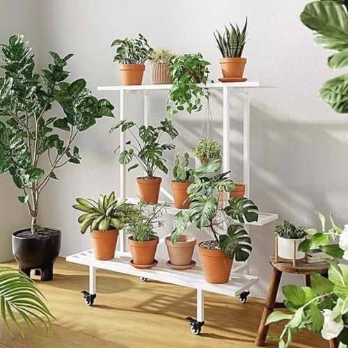 Junvstor Échelle à Plantes d'intérieur à 2 ou 3 Niveaux, étagère Blanche pour Plusieurs Pots de Fleurs, présentoir d'angle en métal pour terrasse, Jardin, Balcon(Type L 110x44.4X(190-203) cm)