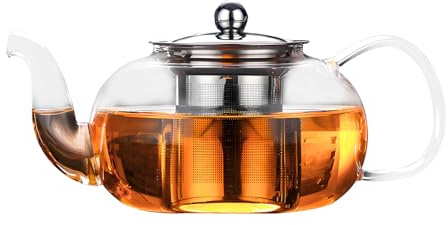 Clear Glass Teapot with Removable Infuser, 1000ML | Stovetop Safe, Round Shape Infuser, Heat-Resistant Borosilicate Glass, For 2-4 People