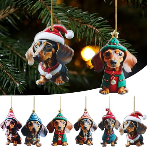 Weihnachtsbaum Anhänger, 6 Stück Dackel Anhänger Weihnachtendeko, Tannenbaum Deko, Dackel Christbaumschmuck, Weihnachtskugel Dackel, Tannenbaumschmuck für Weihnachtsbaum, Festtagsfeier