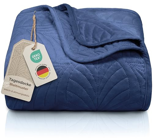 Gräfenstayn copriletto trapuntato matrimoniale 240x260 cm estivo in poliestere – certificato OEKO‑TEX, antigualcitura, decor foglia – elegante coperta letto & sofà (blu)