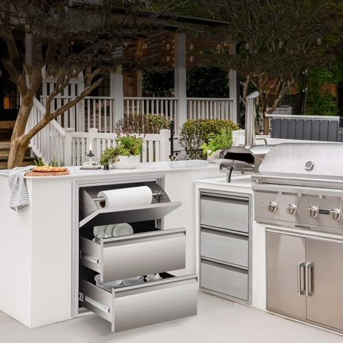 Outdoor Küchenschrank, Ausziehbarer Mülleimer mit ausziehbarer Ablage, Outdoor-Küchenschubladen Schubladen Außenküche, Edelstahl BBQ Schubladen mit Griff, Grillinsel für Außenküchen 76x58x16,5 cm