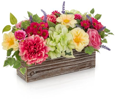 Oairse Spring Faux Floral Table Centerpiece with Rustic Wooden Box, Artificial Flower Arrangement with Silk Dahlias, Roses & Hydrangea for Home Kitchen Wedding Dining Room Table Decor